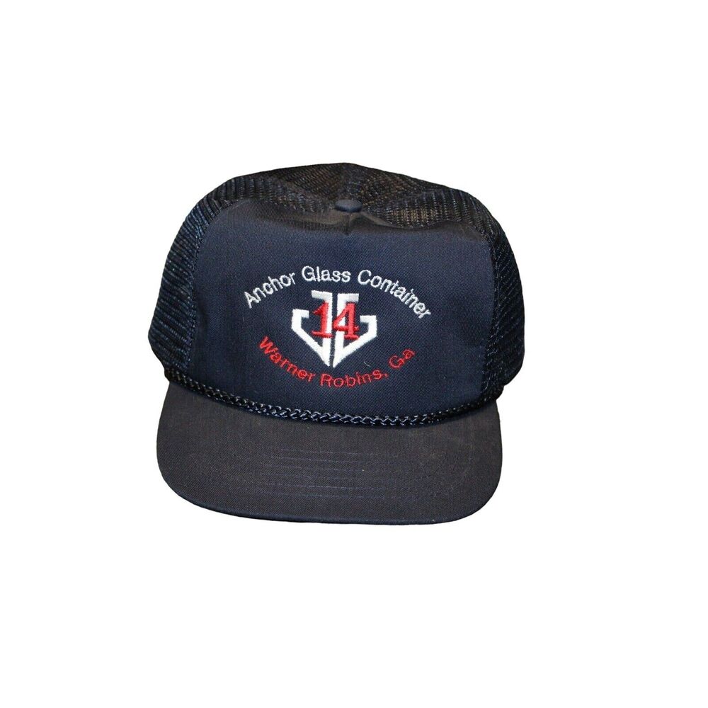Anchor Glass Container Hat Warner Robins Georgia Snapback Trucker Black Rope VTG